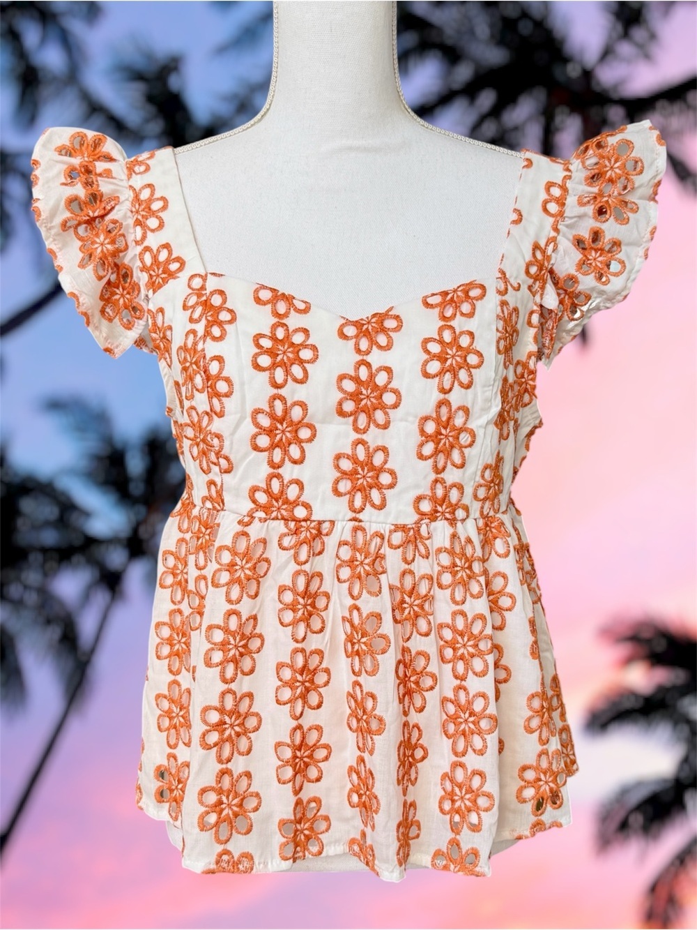 White Eyelet Peplum Top with Orange Floral Embroidery Size L